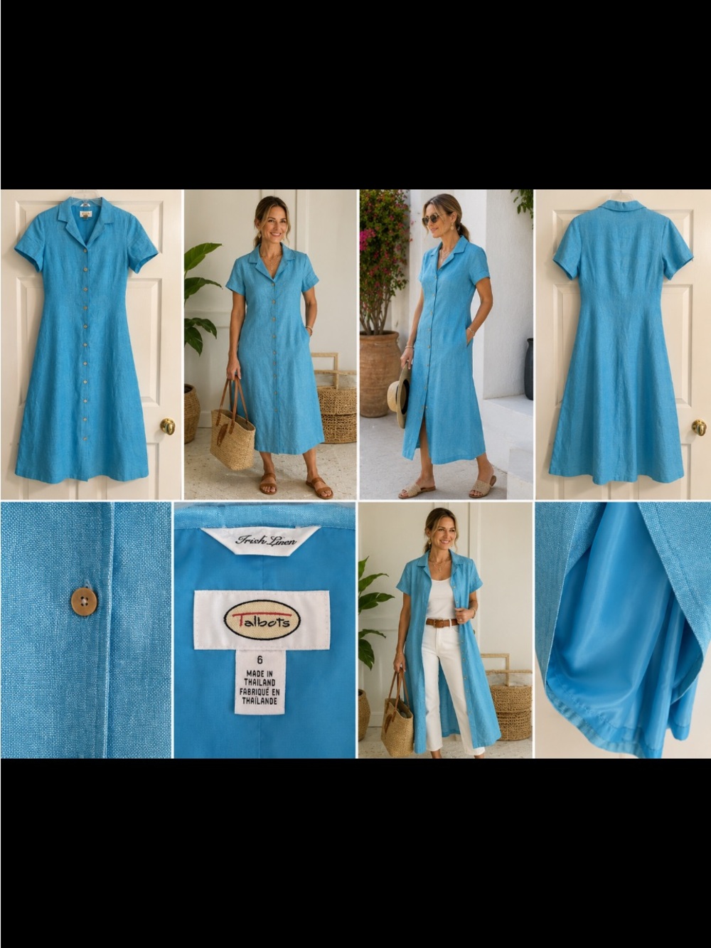 Talbots French Linen Turquoise Blue Button Front Midi Dress Size 6